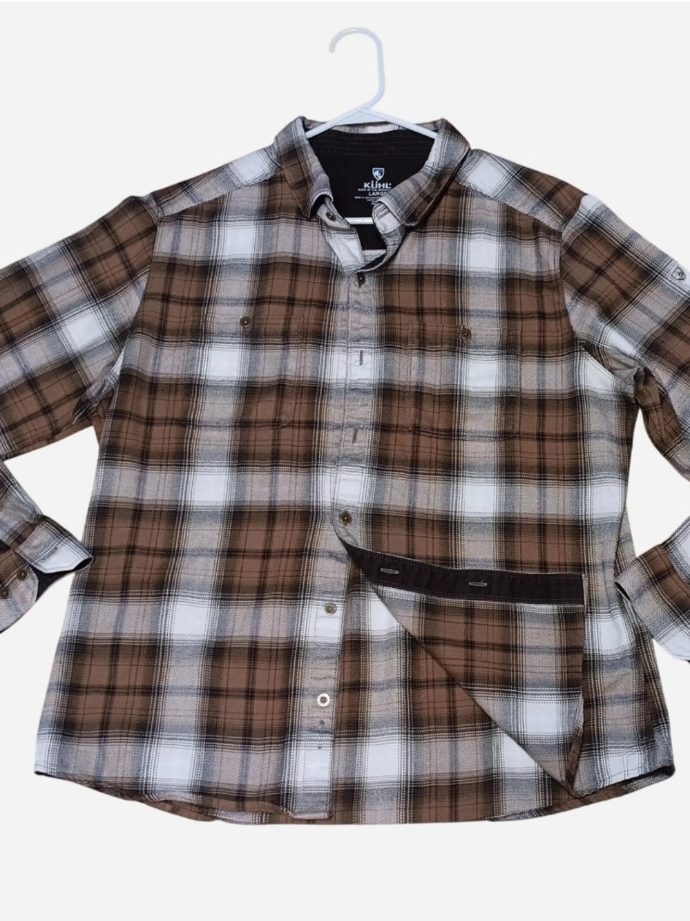 Kuhl Men’s Brown and White Plaid Flannel Button-Down Shirt